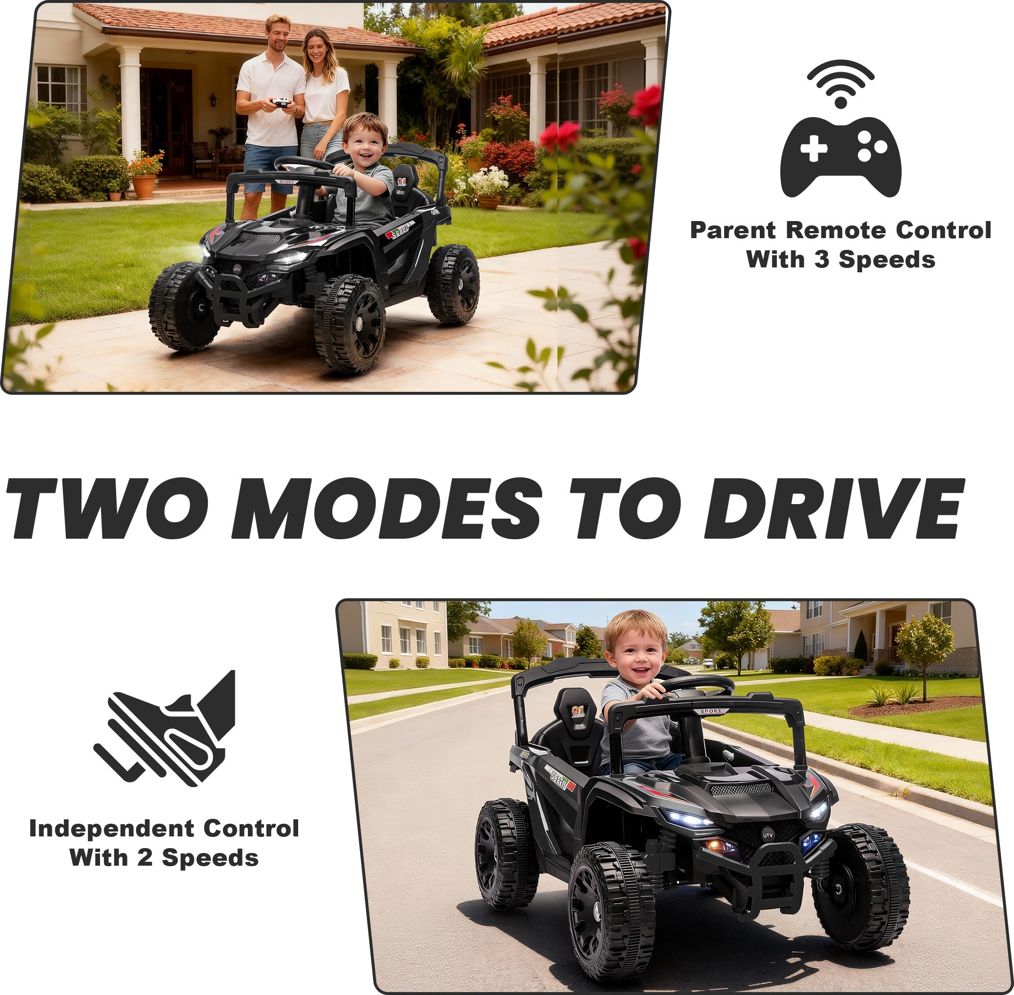 iYofe 24V Powered Ride on Toys with Remote Control, Kids Ride on Car UTV for Boys Girls Ages 3-5, Ride on Vehicles Electric Cars for Kids with Bluetooth, Music, LED Lights, 4 Wheels Suspension, Black