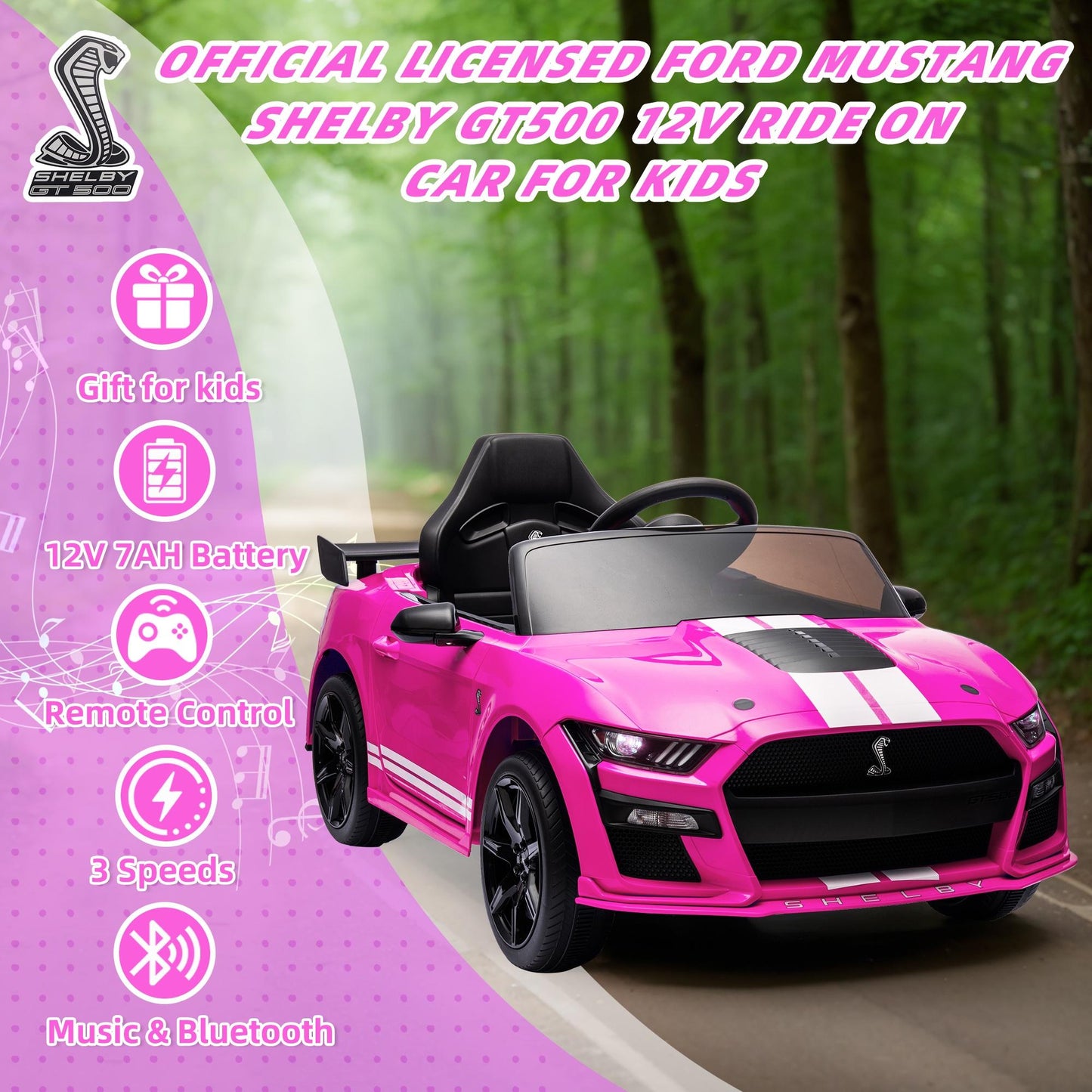 Ford Mustang Shelby 12V Ride On Car with Remote Control, Electric Car for Kids Toddler Electric Vehicle with Bluetooth, Radio, Music, USB Port, LED Lights, Battery Powered Ride on Toys for Kids, Pink