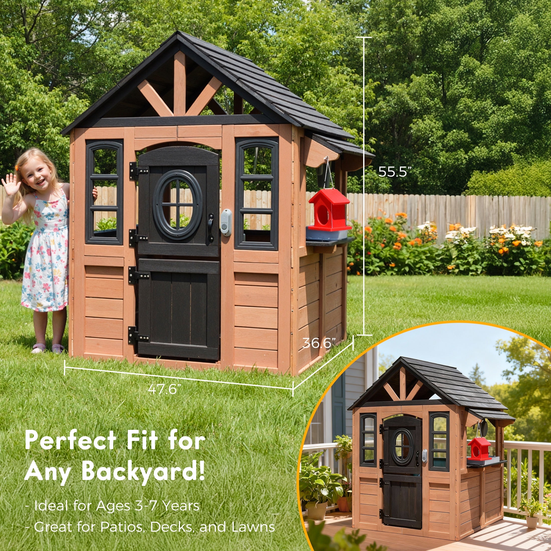 iYofe Outdoor Playhouse, Wooden Kids Playhouse with Play Kitchen, Working Doorbell, Bird Cage, Pet Door, Outdoor Kids Play Equipment Gift for Ages 2+, Brown