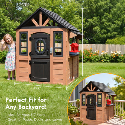 iYofe Outdoor Playhouse, Wooden Kids Playhouse with Play Kitchen, Working Doorbell, Bird Cage, Pet Door, Outdoor Kids Play Equipment Gift for Ages 2+, Brown