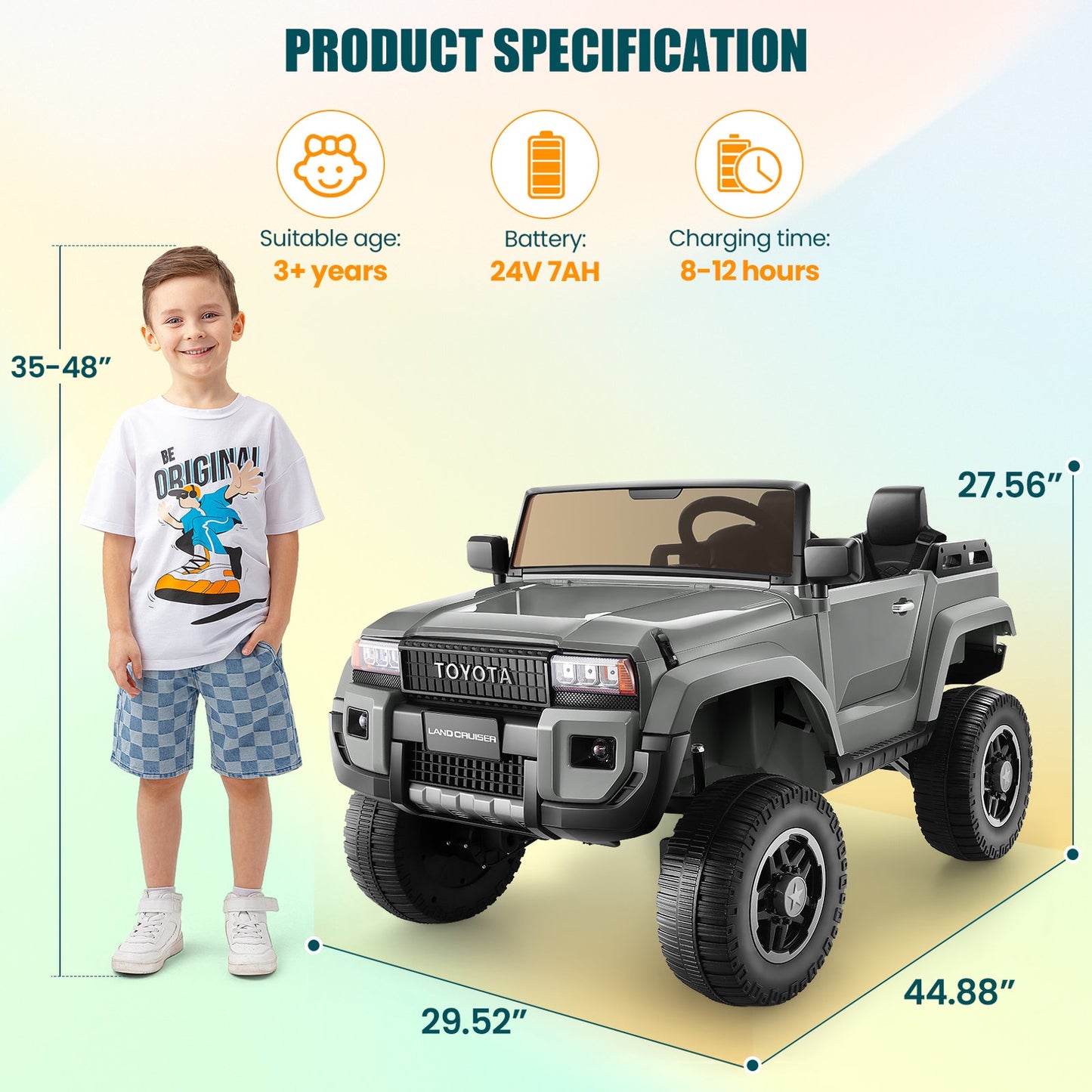 24V 2 Seater Ride on Cars, Licensed Toyota LC250 Powered Ride on Toy Truck with Remote Control, Kids Cars Electric Vehicles for Kids 3-8 Gifts with Bluetooth/Music/USB Ports/Shovel, 4 Wheelers, Gray