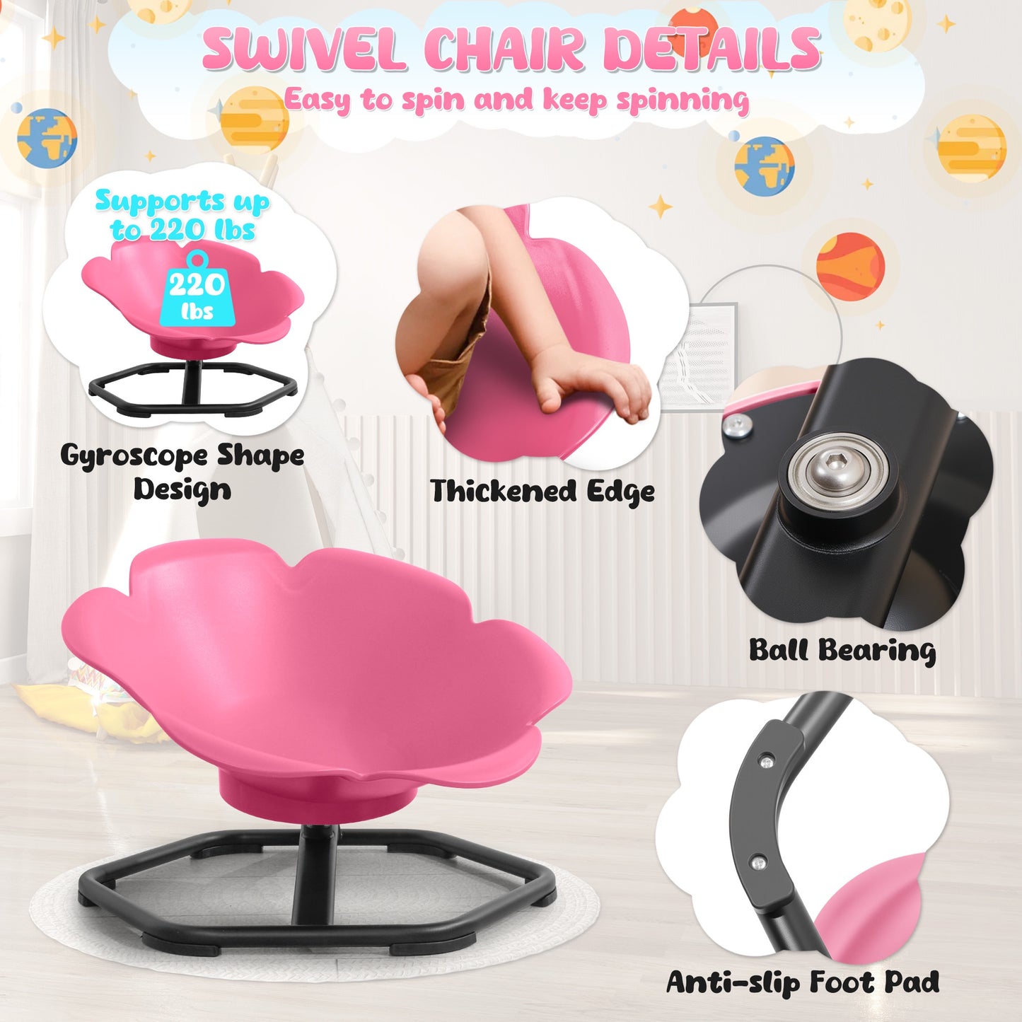 iYofe Kids Sensory Spinning Chair, Petal Shape Spinning Chair for Autistic Kids, Chair Sensory Spinner Seat for Autism Toddlers ADHD Children, 360° Rotating Therapy-Grade Chair with Safety Base, Pink