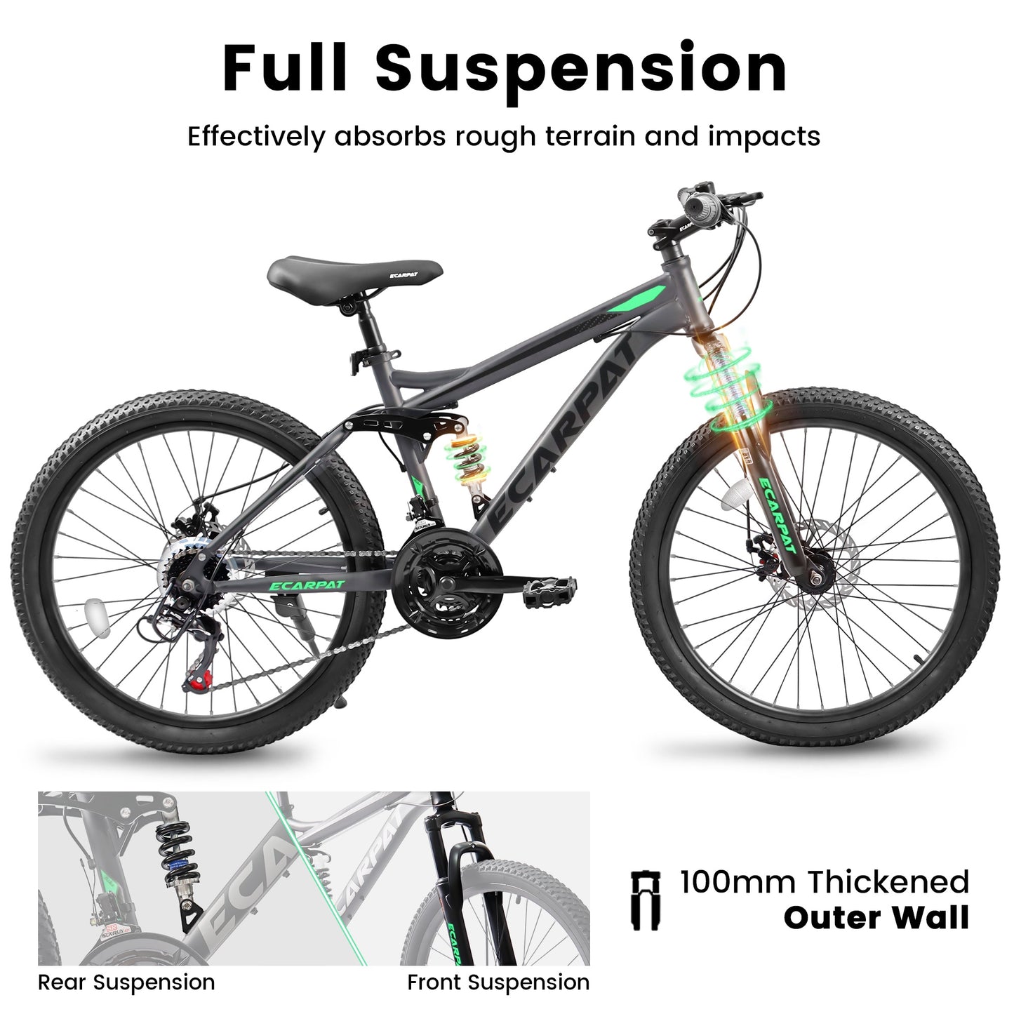 24" Mountain Bikes for Kids Teen, 21 Speed Full Suspension Mountain Bicycle w/ Disc Brakes, Bike for Boys Girls Ages 10+, Steel Frame, Suit for Rider Height 5'-5'8", 85% assembled