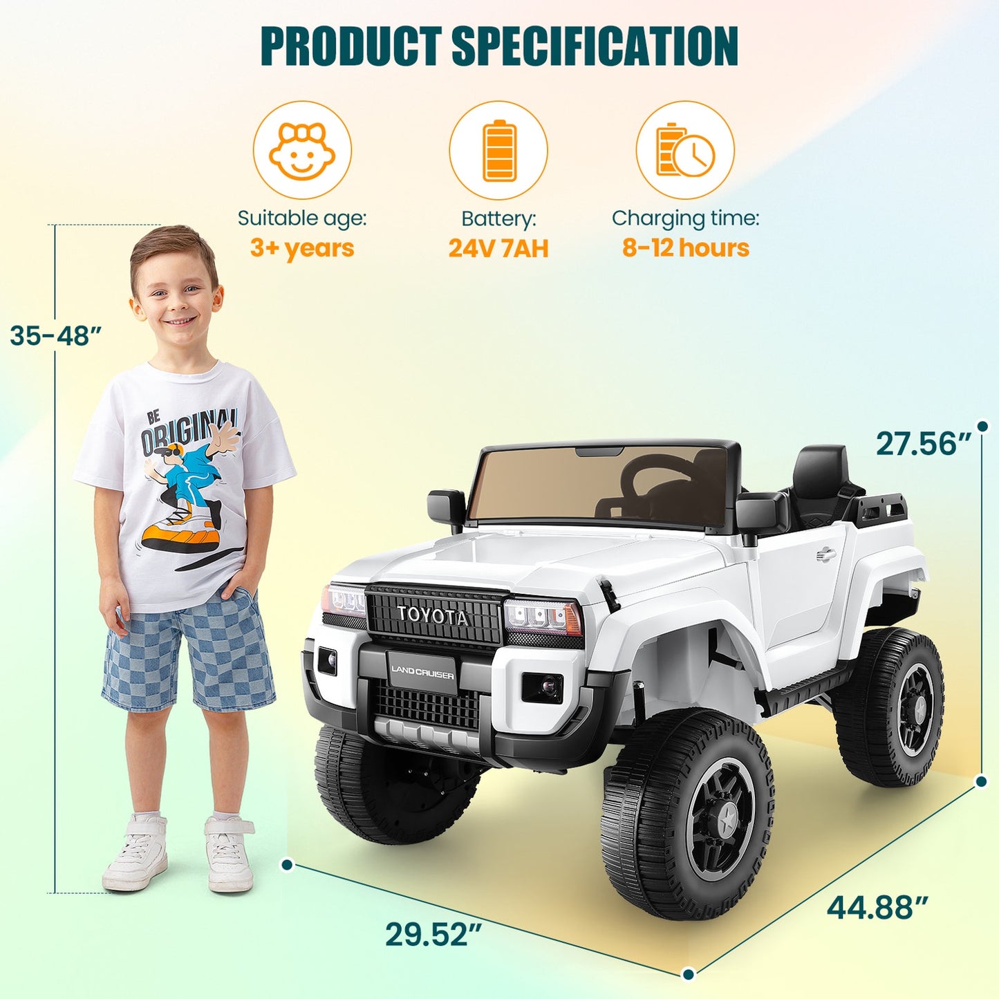 24V 2 Seater Ride on Cars, Licensed Toyota LC250 Powered Ride on Toy Truck with Remote Control, Kids Cars Electric Vehicles for Kids 3-8 Gifts with Bluetooth/Music/USB Ports/Shovel, 4 Wheelers, White