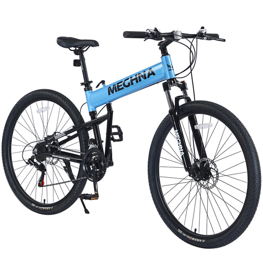 29 inch Folding Mountain Bikes, Mens Mountain Bicycle w/ Disc Brakes, 21 Speed Hybrid Bike for Adults Men Women, City Commuter Bike for Rider Height 5'4"-6'2", 85% assembled (Blue)