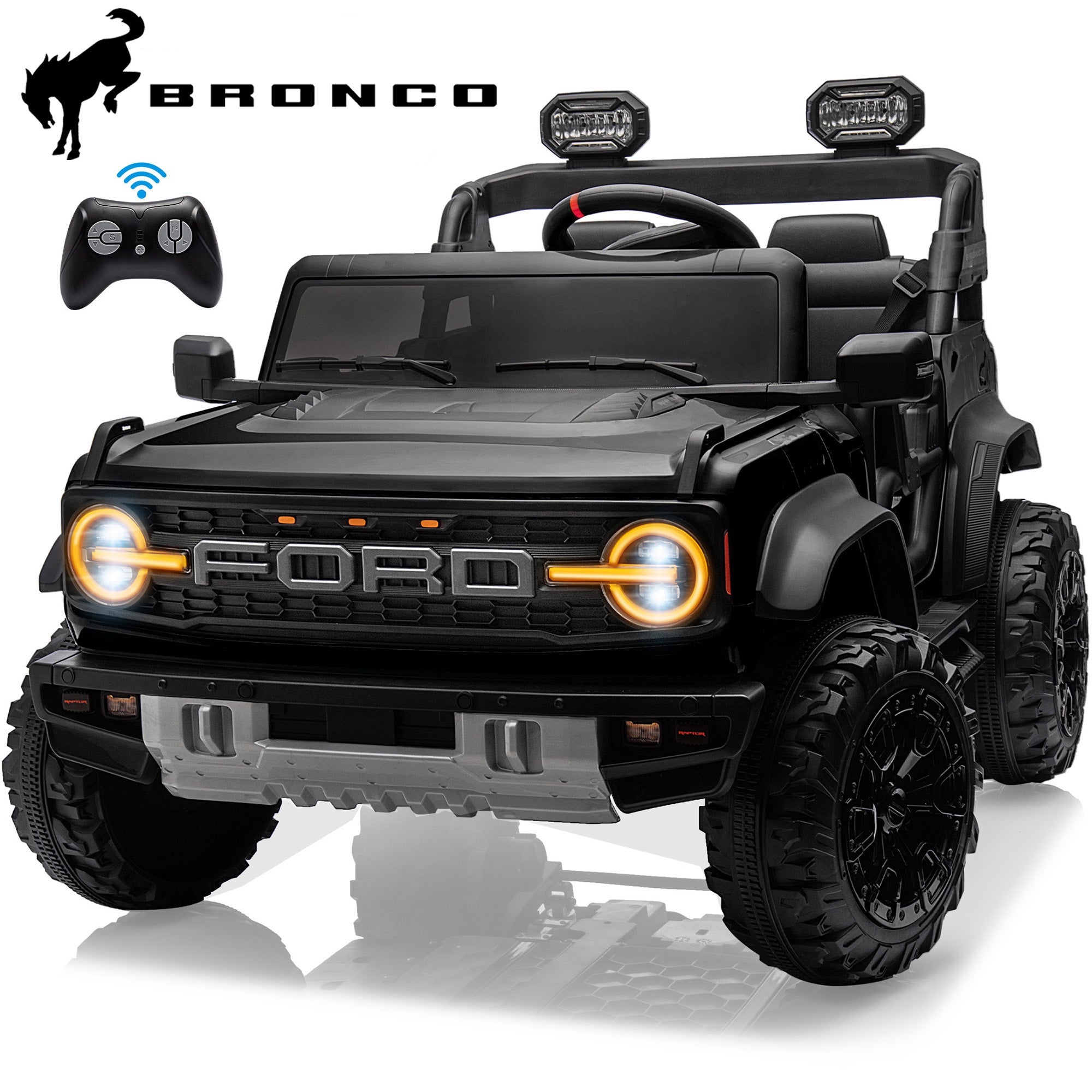 iYofe 24V 2 Seater Ride on Cars, Licensed Ford Bronco Raptor Powered Ride on Toys with Remote Control, 4 Wheels Spring Suspension, Bluetooth, LED Light, Electric Cars for Kids Ages 3-8 Gifts, Black