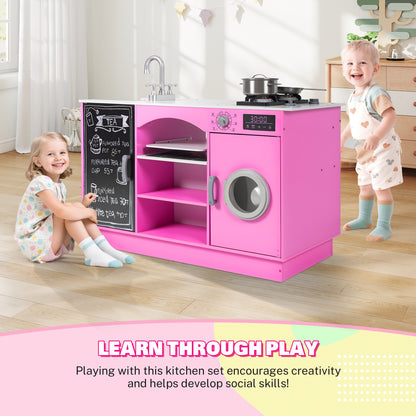 iYofe Play Kitchen for Kids, Wooden Kids Kitchen Playset Island Pretend Play Toys with Real Lights & Sounds, Chalkboard, Educational Kitchen Toy Birthday Christmas Gifts for Kids Toddlers, Pink