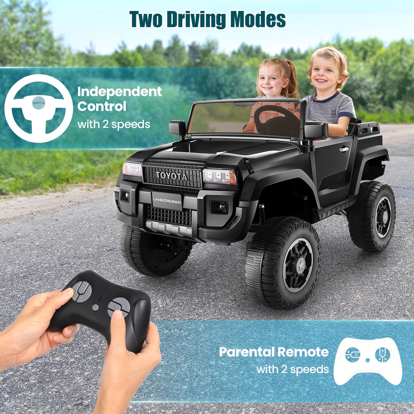 24V 2 Seater Ride on Cars, Licensed Toyota LC250 Powered Ride on Toy Truck with Remote Control, Kids Cars Electric Vehicles for Kids 3-8 Gifts with Bluetooth/Music/USB Ports/Shovel, 4 Wheelers, Black