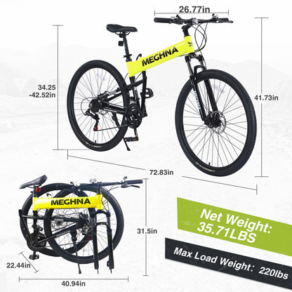 29 inch Folding Mountain Bikes, Mens Mountain Bicycle w/ Disc Brakes, 21 Speed Hybrid Bike for Adults Men Women, City Commuter Bike for Rider Height 5'4"-6'2", 85% assembled (Yellow)