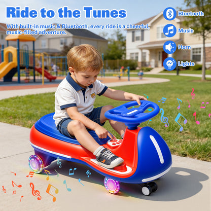 12V Electric Wiggle Car for Kids, Toddlers Ride on Toys with Pedal, Display, Flashing PU Wheels, LED Light, Bluetooth Music, Max Speed 5 MPH, Kids Ride on Cars for Boys Girls 3+, Blue+Red