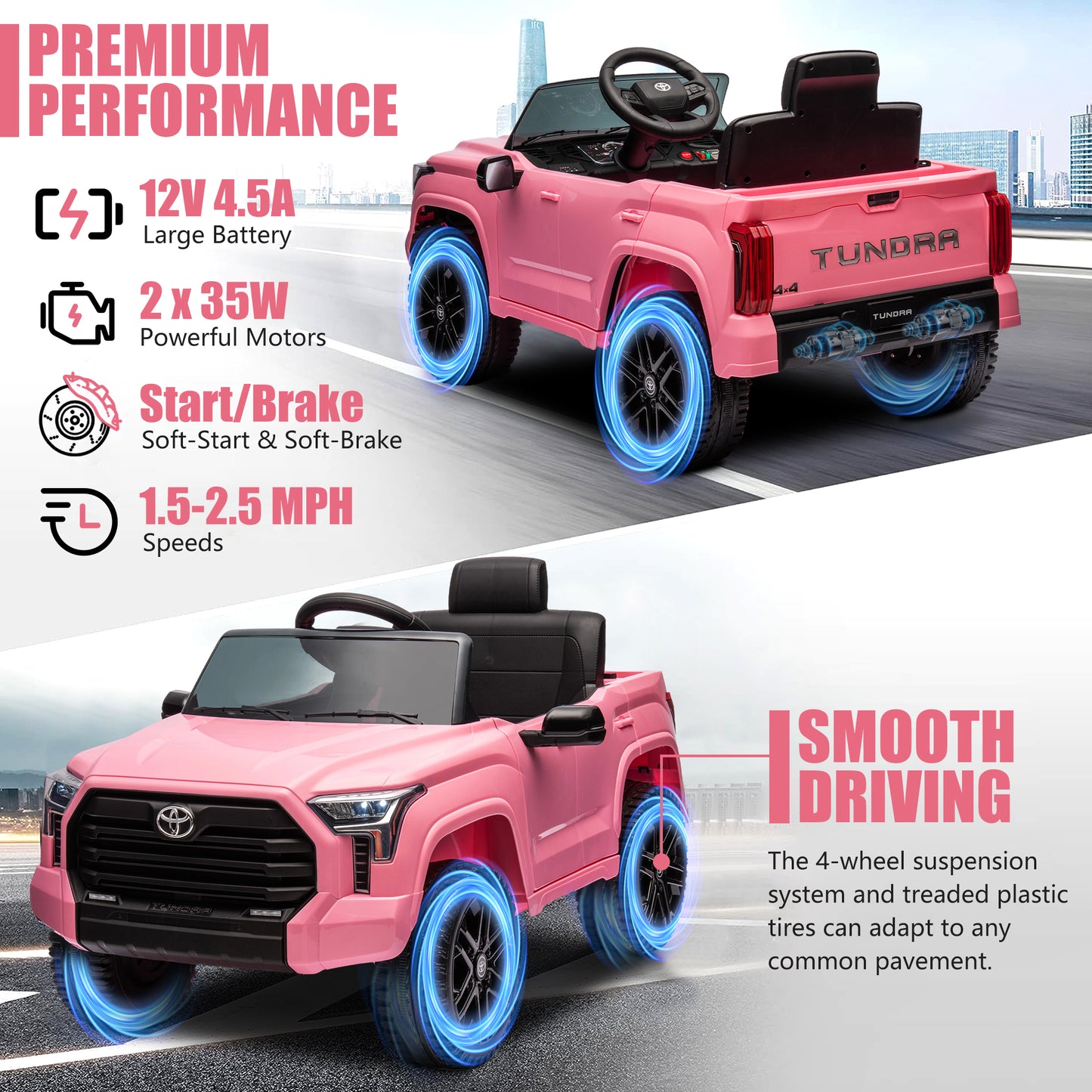 Toyota Tundra Pickup 12V 4.5A Ride On Cars for Kids, Ride On Toys with Remote Control, Battery Powered Kids Electric Vehicles with Bluetooth Music, USB, Electric Cars for Kids Boys Girls Gifts, Pink