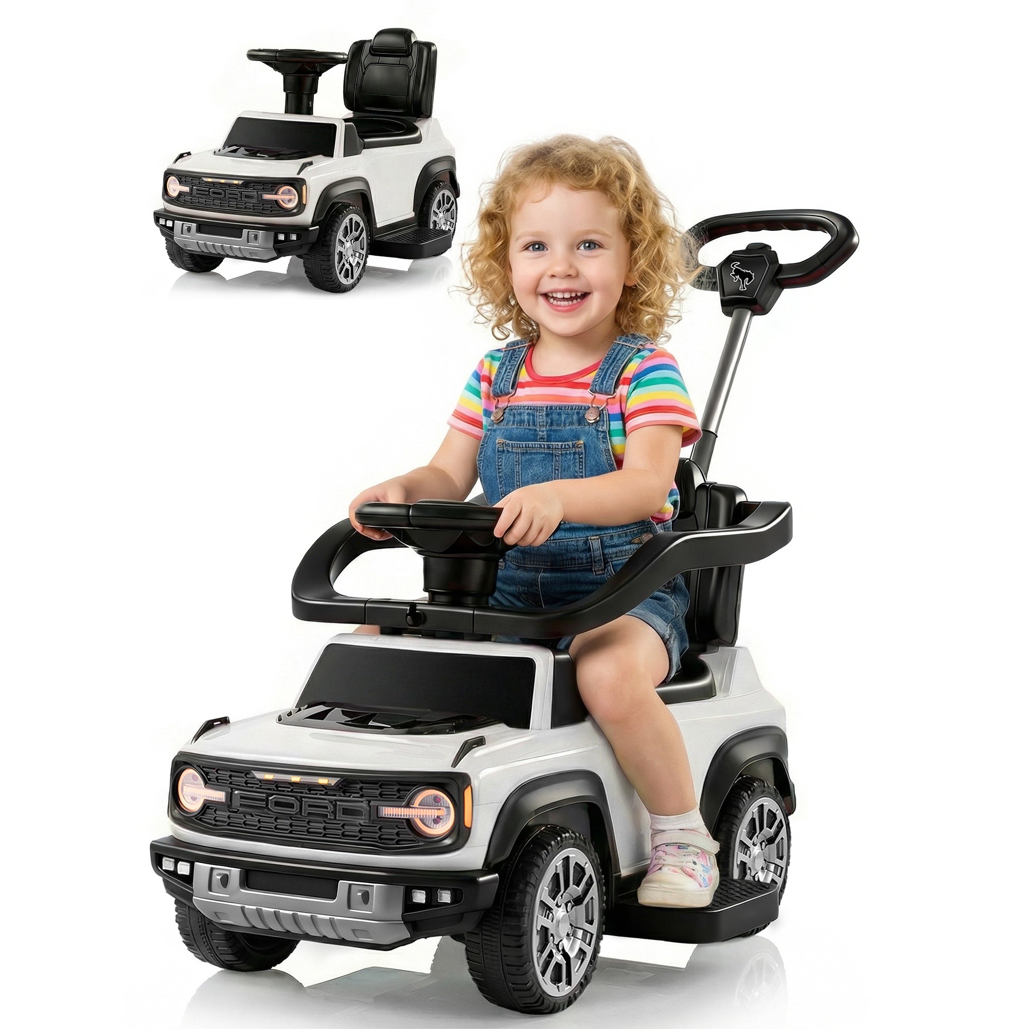 iYofe Kids Ride on Push Car, Licensed Ford Bronco Raptor Toddlers Ride on Toys with Horn, Music, Handle, Under Seat Storage, Kids Push Car for Toddlers 18 Months +, White