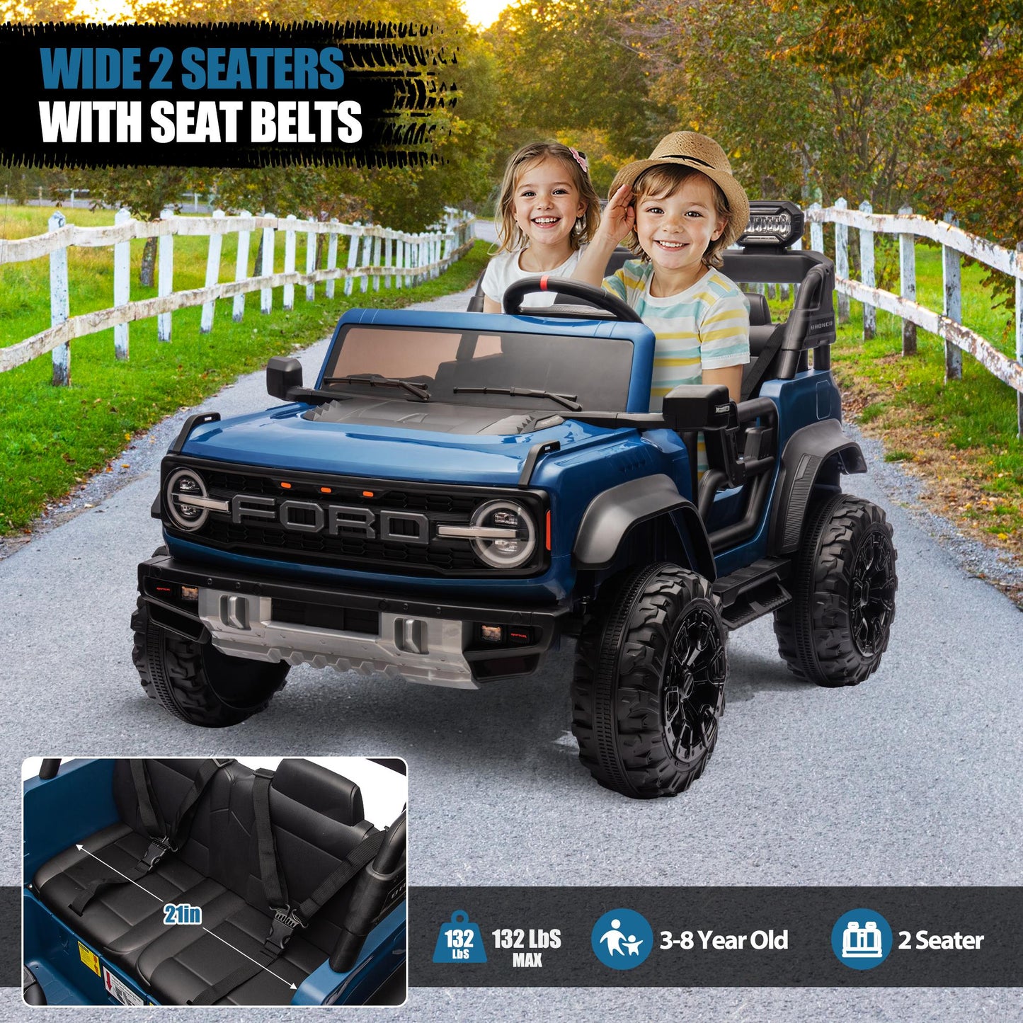 24V 2 Seater Ride on Cars, Licensed Ford Bronco Raptor Ride on Truck Toy with Remote Control, Powered Kids Car Electric Vehicles with Bluetooth/Music Player/LED Light/4 Wheels Spring Suspension, Blue