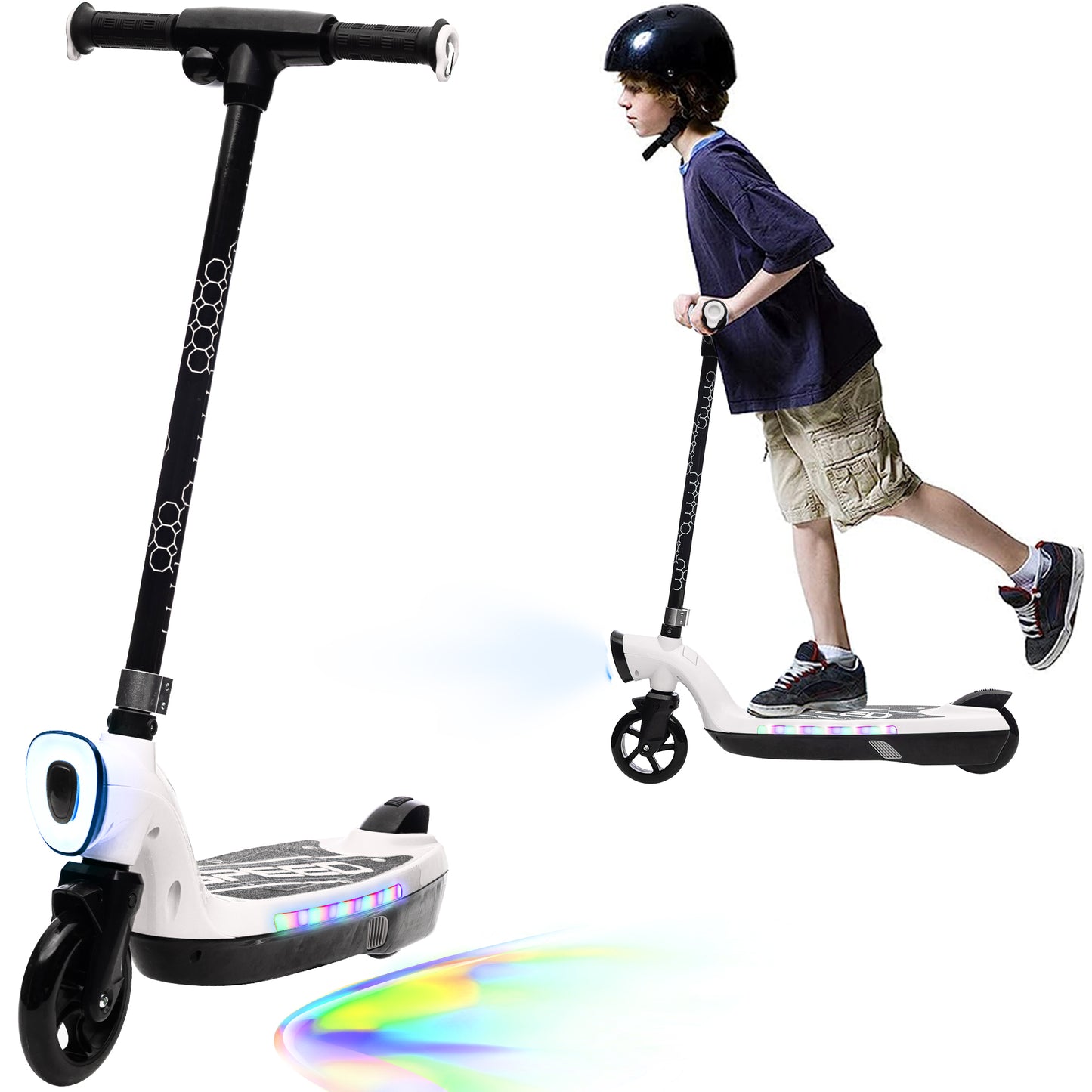 iRerts Kids Electric Scooter for 6-14 Year Old, Portable Kids Scooter for Boys Girls, 12V 45W Kids Electric Scooter with Front Big Light, Rear Brake, Colorful Deck Light, White