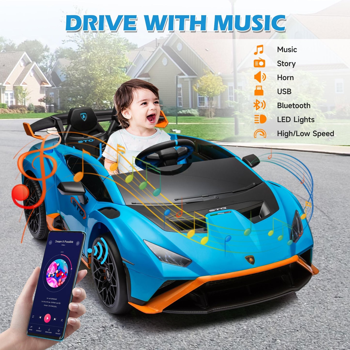 Lamborghini Ride on  Toy Car, 24V Electric Ride on Sports Car with Remote Control, Battery Powered Kid Car Kids Electric Vehicles, 4 Wheeler with Bluetooth, Music Player, LED Light, 360° Spins