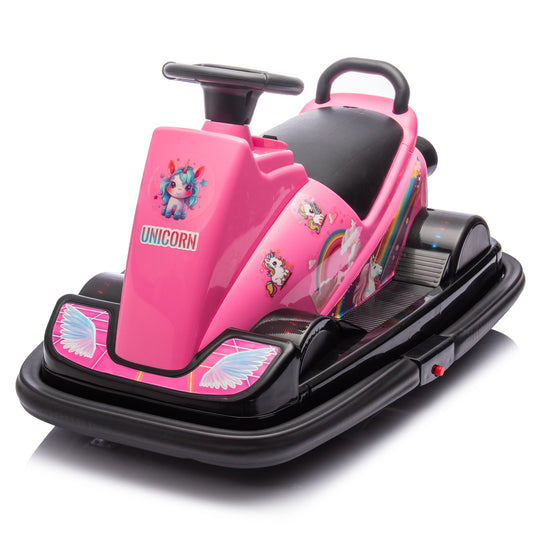 12V Ride on Bumper Car, Electric Go Kart for Kids, Ride on Toy for Boys Girls 3-5 Years Old, 360 Degree Spin, Four Wheel Waterfall Light, Music, Pink