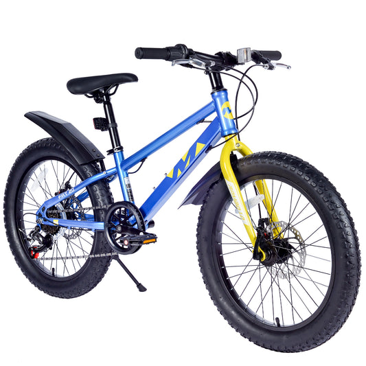 20 inch Kids Mountain Bikes for Boys Girls, 7 Speed Fat Tire Mountain Bicycle w/ Disc Brakes, Bike for kids Ages 5-12 Years Old, City Bikes Street Suit for Rider Height 44"-56", 85% assembled (Blue)