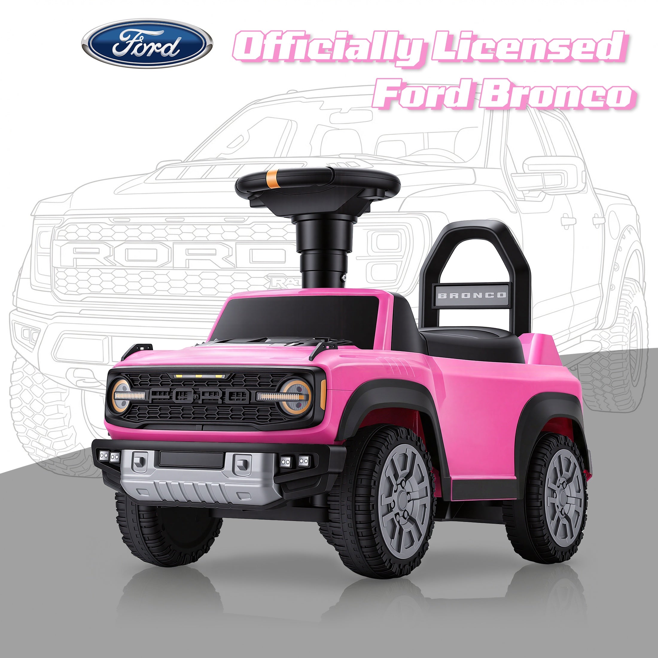 iYofe Kids Ride on Push Car 2 in 1, Ford Bronco Raptor Toddlers Ride on Push Toys with Horn, Music, Handle, Under Seat Storage, Ride on Toys for Toddlers 18 Months +, Pink