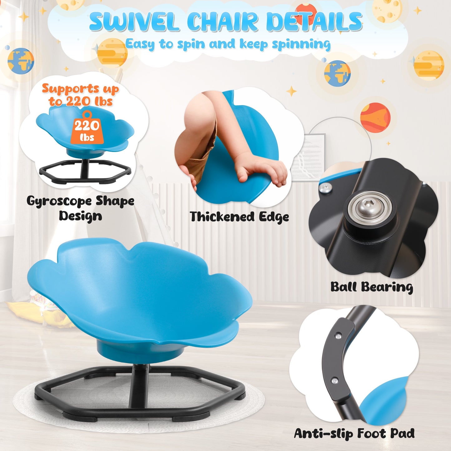 iYofe Kids Sensory Spinning Chair, Petal Shape Spinning Chair for Autistic Kids, Chair Sensory Spinner Seat for Autism Toddlers ADHD Children, 360° Rotating Therapy-Grade Chair with Safety Base, Blue