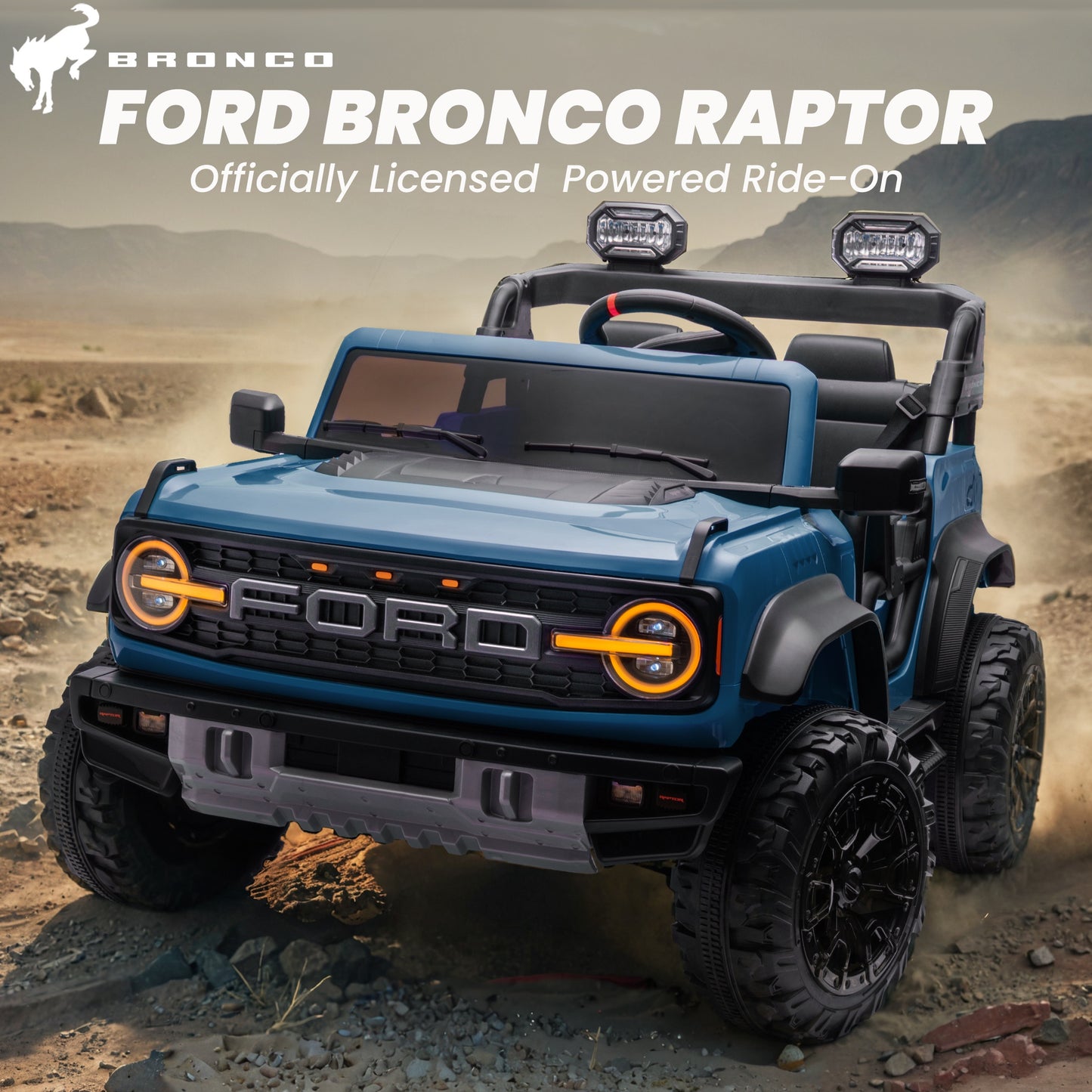 24V 2 Seater Ride on Cars, Licensed Ford Bronco Raptor Powered Ride on Toy Truck with Remote Control, Electric Car for Kids 3-8 Gifts with Bluetooth/LED Light/Spring Suspension, 4 Wheelers, Blue