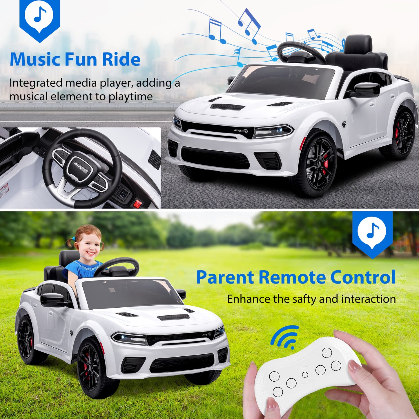 iYofe 12V Ride On Car for Kids, Licensed DODGE Girls Ride On Truck with Remote Control, LED Lights, MP3, USB, Battery Powered Ride On Toys for 2-5 Year Olds Boys Girls Birthday Christmas Gifts, White