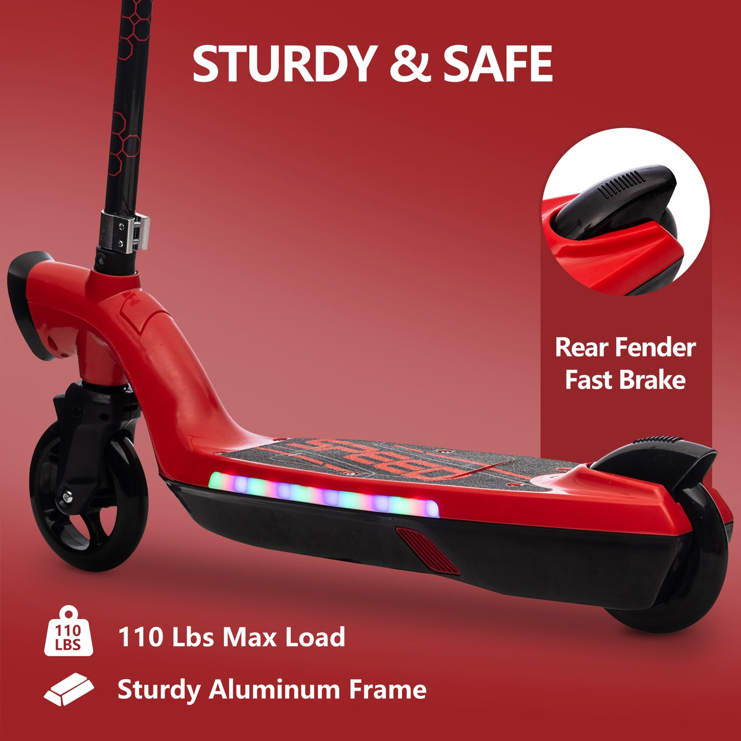 iRerts Kids Electric Scooter for 6-14 Year Old, Portable Kids Scooter for Boys Girls, 12V 45W Kids Electric Scooter with Front Big Light, Rear Brake, Colorful Deck Light, Red