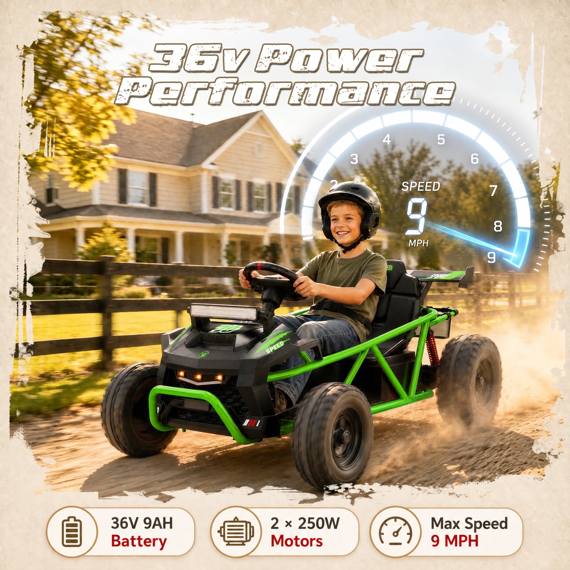 iYofe 36V Electric Ride on Car for Big Kids, Powered Ride on Vehicle for Boys Girls Ages 6+, Kids Electric Car with Bluetooth, Music, Rear Wheel Spring Suspension, Green