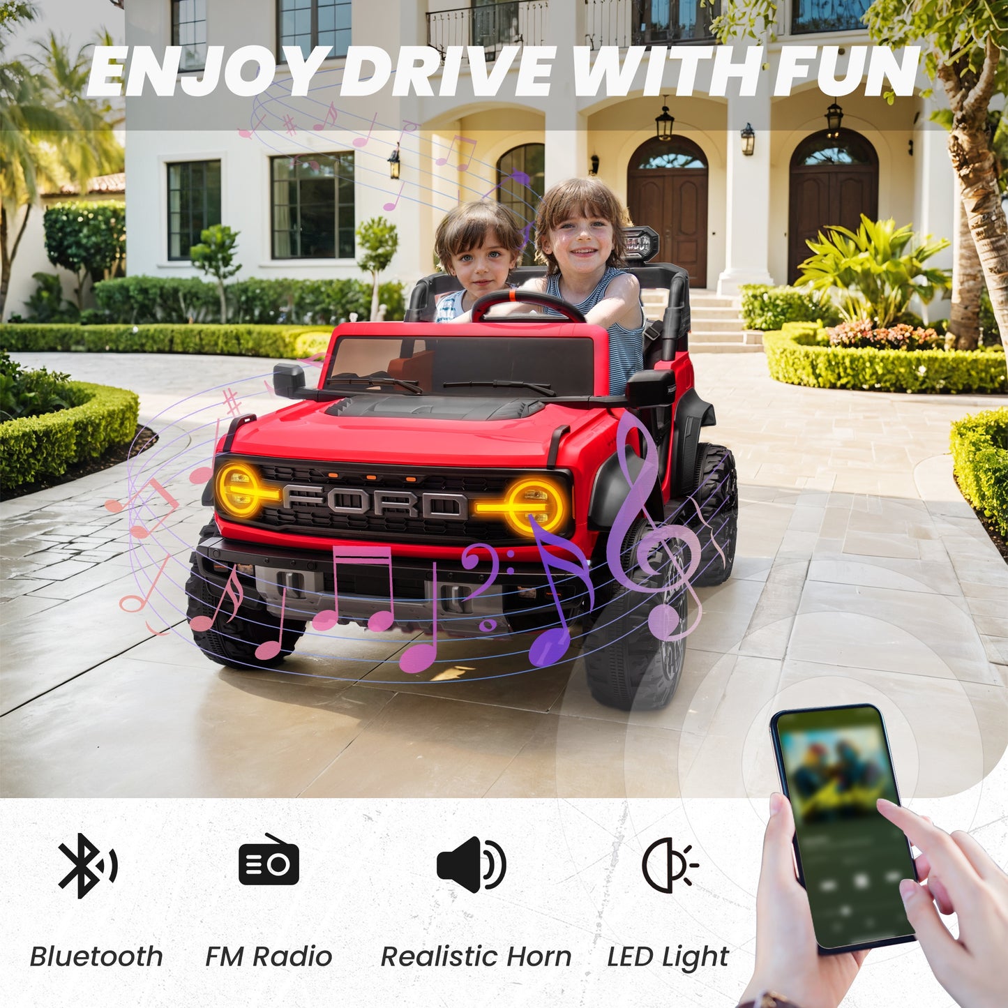 24V 2 Seater Ride on Cars, Licensed Ford Bronco Raptor Powered Ride on Toy Truck with Remote Control, Electric Car for Kids 3-8 Gifts with Bluetooth/LED Light/Spring Suspension, 4 Wheelers, Red