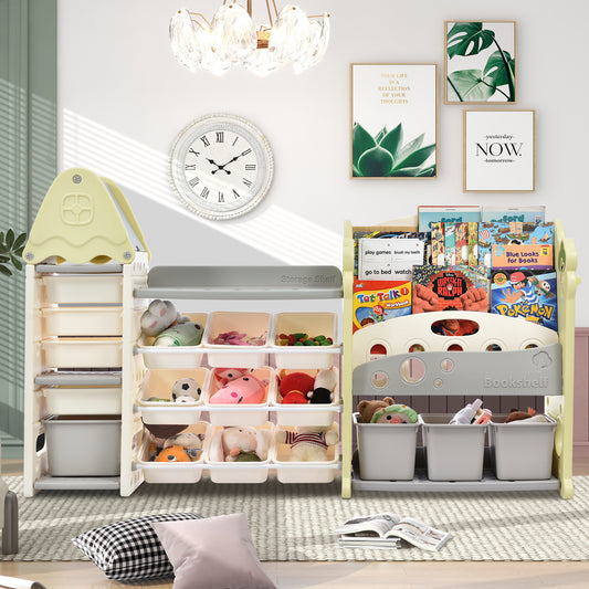 Bookshelf Toy Storage Organizer with 17 Bins and 5 Shelves, Multi-Functional Furniture Set Storage Cabinet Unit with HDPE Shelf and Bins for Home, Playroom & Nursery