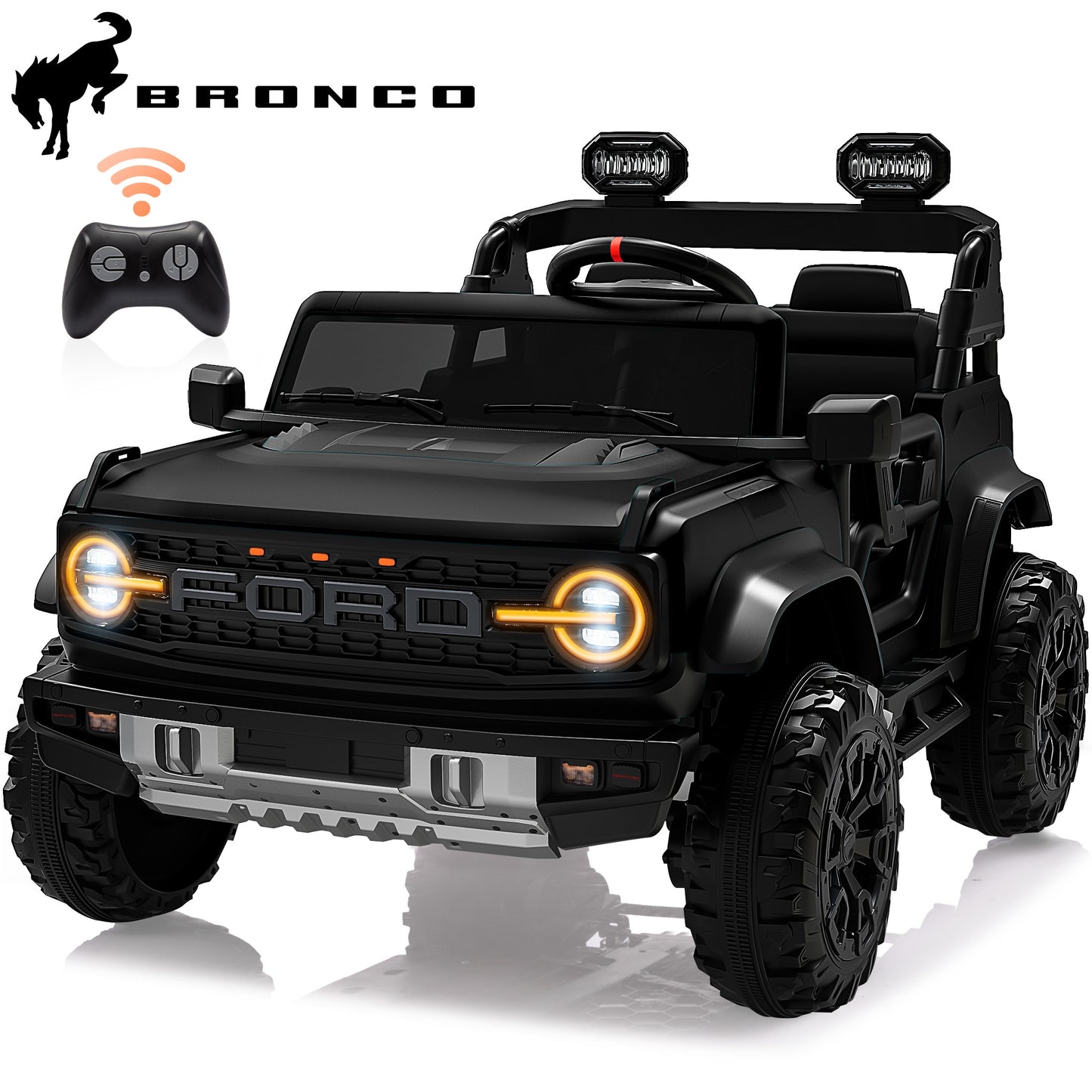 24V 2 Seater Ride on Cars, Licensed Ford Bronco Raptor Ride on Truck Toy with Remote Control, Powered Kids Car Electric Vehicles with Bluetooth/Music Player/LED Light/4 Wheel Spring Suspension, Black