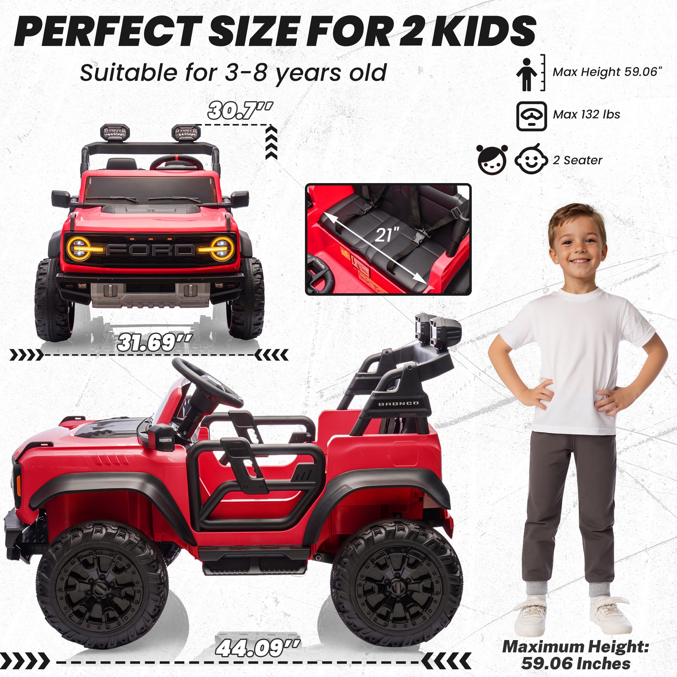iYofe 24V 2 Seater Ford Bronco Raptor Powered Ride on Car with Remote Control, Bluetooth, Ages 3-8, Red