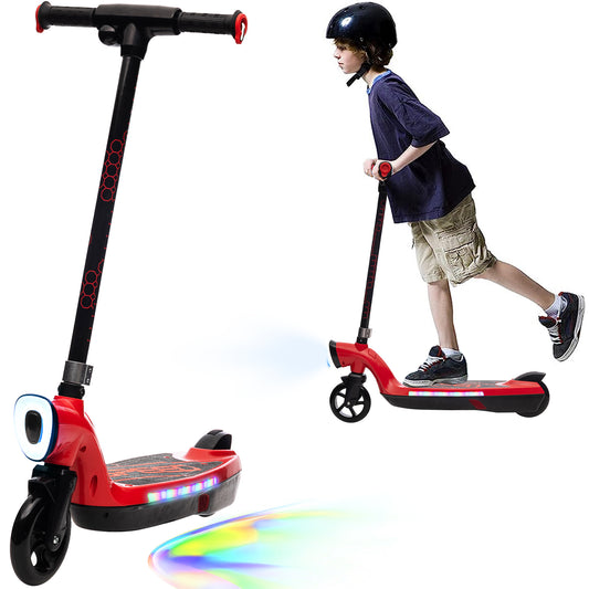 iRerts Kids Electric Scooter for 6-14 Year Old, Portable Kids Scooter for Boys Girls, 12V 45W Kids Electric Scooter with Front Big Light, Rear Brake, Colorful Deck Light, Red