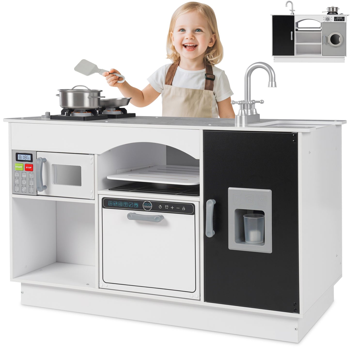 iYofe Island Play Kitchen for Kids, Wooden Kids Play Kitchen Playset Chef Pretend Play Set for Toddlers with Real Lights & Sounds, 7 Accessories, Toy Kitchen Set or Girls Boys Gift for Ages 3+, White