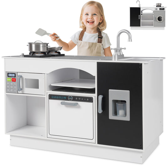 iYofe Island Play Kitchen for Kids, Wooden Kids Play Kitchen Playset Chef Pretend Play Set for Toddlers with Real Lights & Sounds, 7 Accessories, Toy Kitchen Set or Girls Boys Gift for Ages 3+, White
