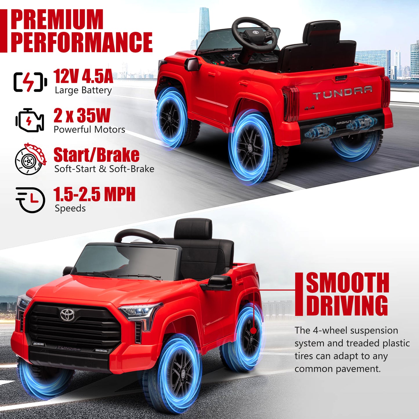 Toyota Tundra Pickup 12V 4.5A Ride On Cars with Remote Control, Battery Powered Ride On Toys  for Kids, Kids Electric Vehicles with Bluetooth Music, USB, Electric Cars for Kids Boys Girls Gifts, Red