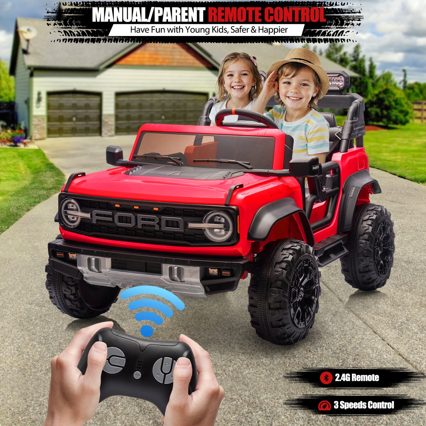 24V 2 Seater Ride on Cars, Licensed Ford Bronco Raptor Ride on Truck Toy with Remote Control, Powered Kids Car Electric Vehicles with Bluetooth/Music Player/LED Light/4 Wheels Spring Suspension, Red