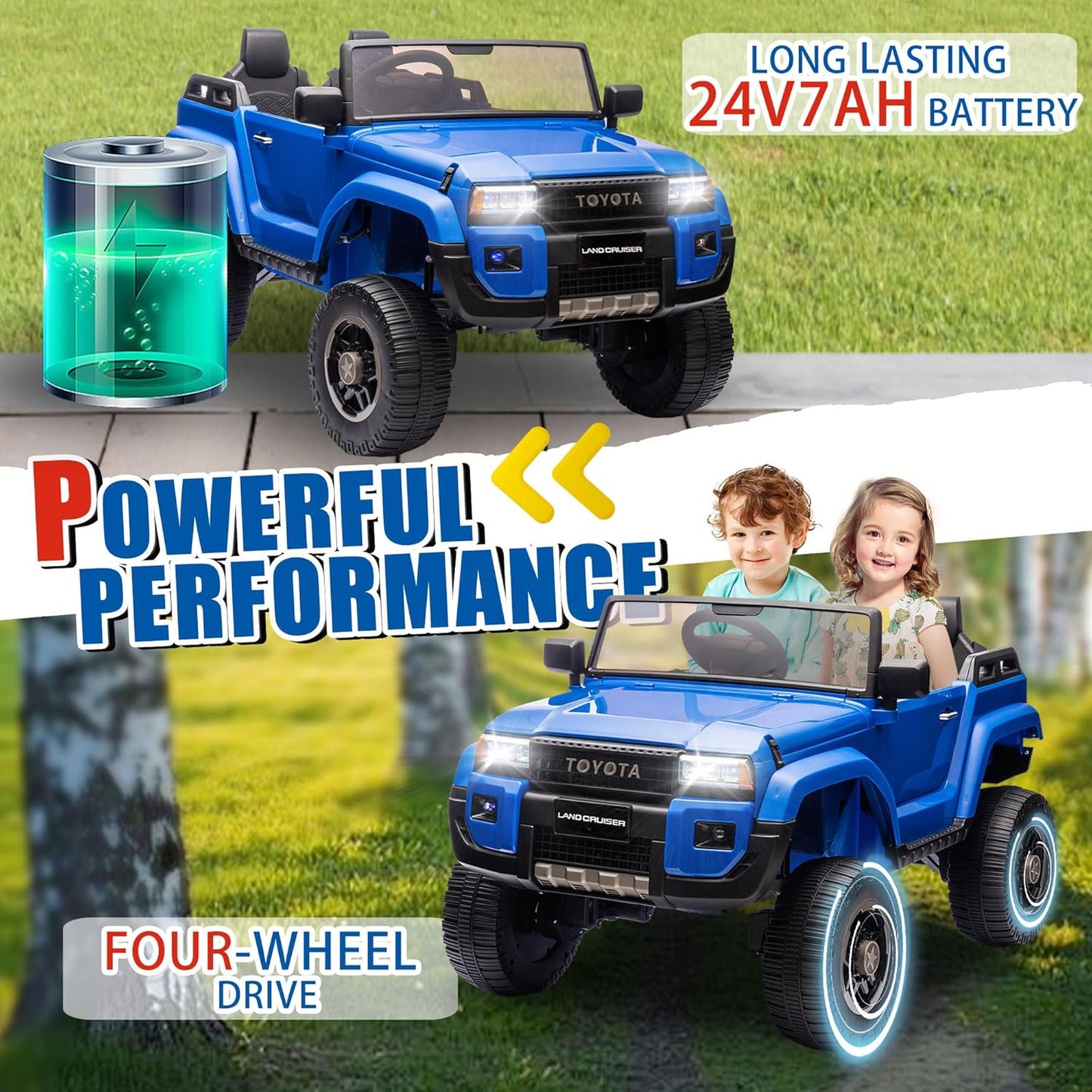 24V 2 Seater Ride on Cars, Licensed Toyota LC250 Powered Ride on Toy Truck with Remote Control, Kids Cars Electric Vehicles for Kids 3-8 Gifts with Bluetooth/Music/USB Ports/Shovel, 4 Wheelers, Blue