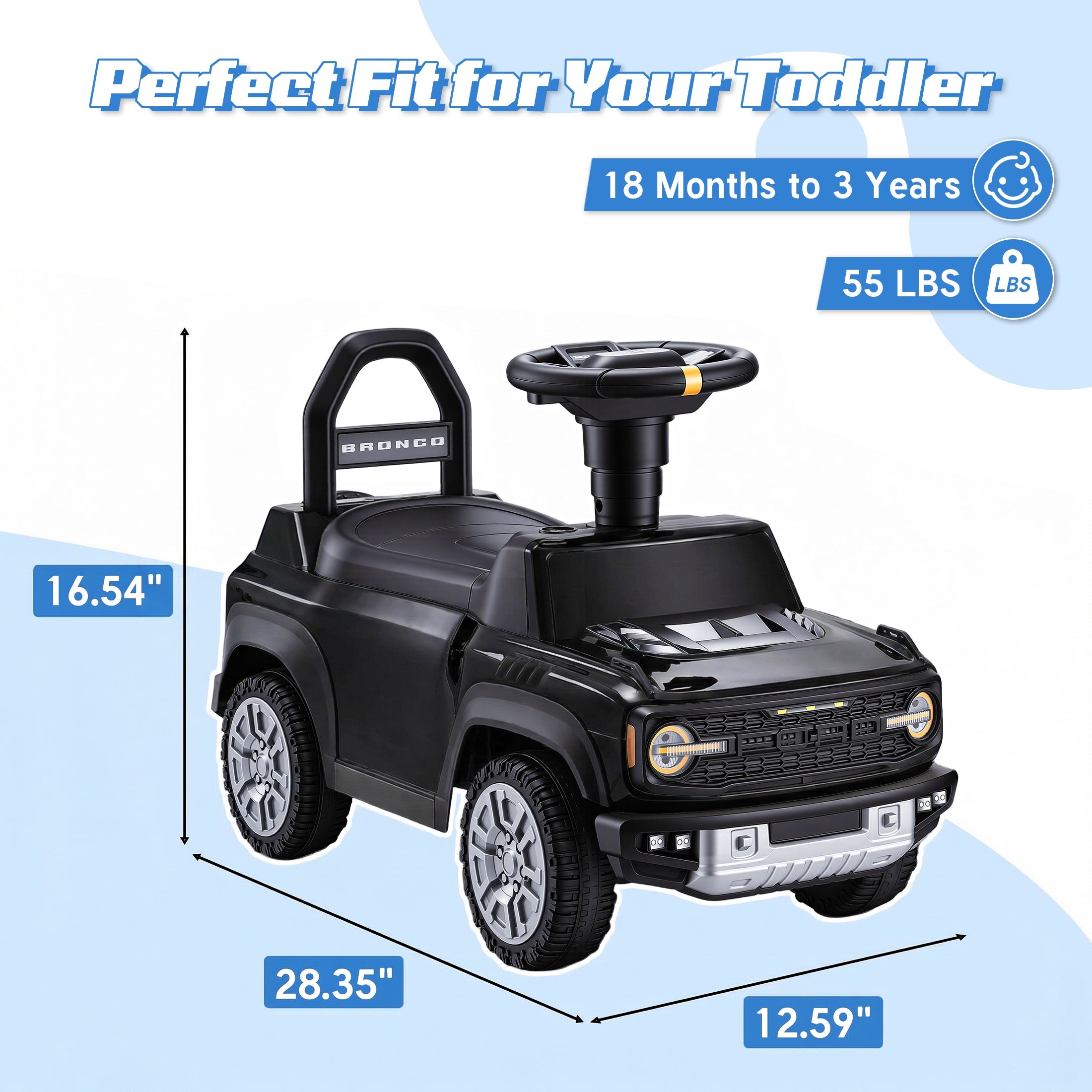 iYofe Kids Ride on Push Car 2 in 1, Ford Bronco Raptor Toddlers Ride on Push Toys with Horn, Music, Handle, Under Seat Storage, Ride on Toys for Toddlers 18 Months +, Black
