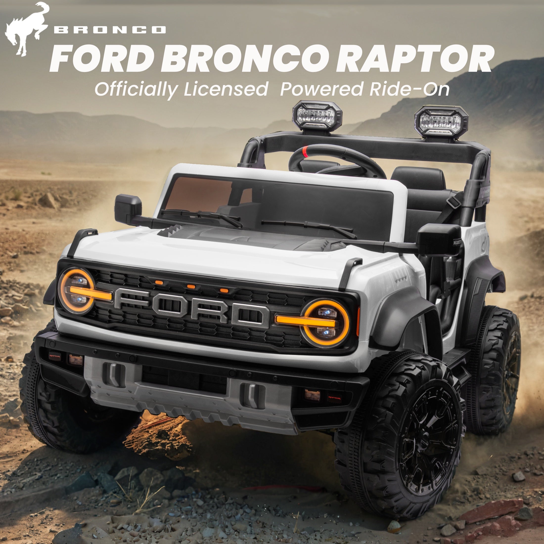 iYofe 24V 2 Seater Ride on Cars, Licensed Ford Bronco Raptor Powered Ride on Trucks with Remote Control, Spring Suspension, Bluetooth, LED Light, Ride on Toys for Kids Ages 3-8 Boy Girls Gift, White