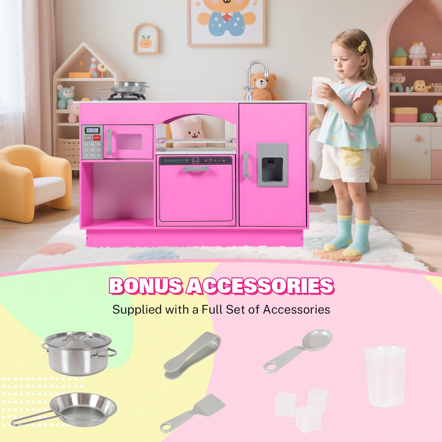 iYofe Island Play Kitchen for Kids, Wooden Kids Play Kitchen Playset Chef Pretend Play Set for Toddlers with Real Lights & Sounds, 7 Accessories, Toy Kitchen Set or Girls Boys Gift for Ages 3+, Pink