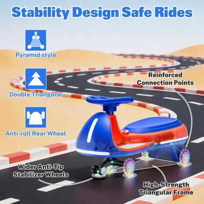 12V Electric Wiggle Car for Kids, Toddlers Ride on Toys with Pedal, Display, Flashing PU Wheels, LED Light, Bluetooth Music, Max Speed 5 MPH, Kids Ride on Cars for Boys Girls 3+, Blue+Red