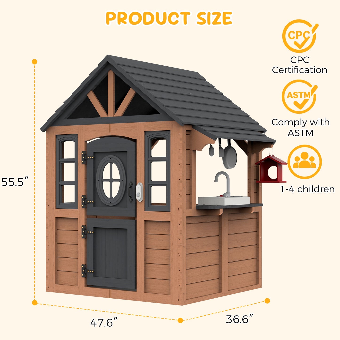 iYofe Outdoor Playhouse, Wooden Kids Playhouse with Play Kitchen, Working Doorbell, Bird Cage, Pet Door, Outdoor Kids Play Equipment Gift for Ages 2+, Brown