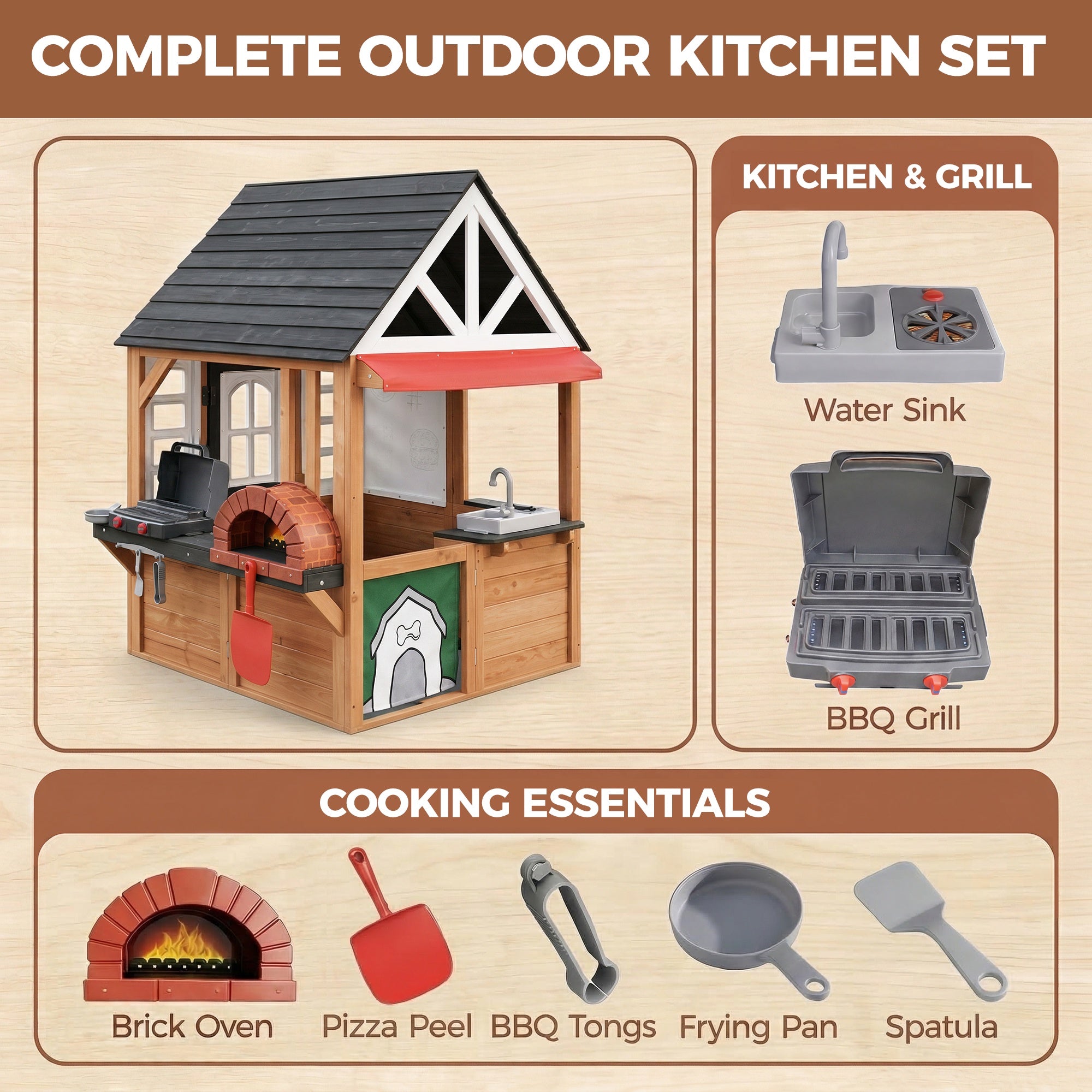iYofe Kids Playhouse, Wooden Outdoor Playhouse for Kids, Pretend Play House for Toddlers 3-5 with Pizza Oven, Kitchen, Grill Area, Real Doorbell, Gift for Boys Girls Ages 3+