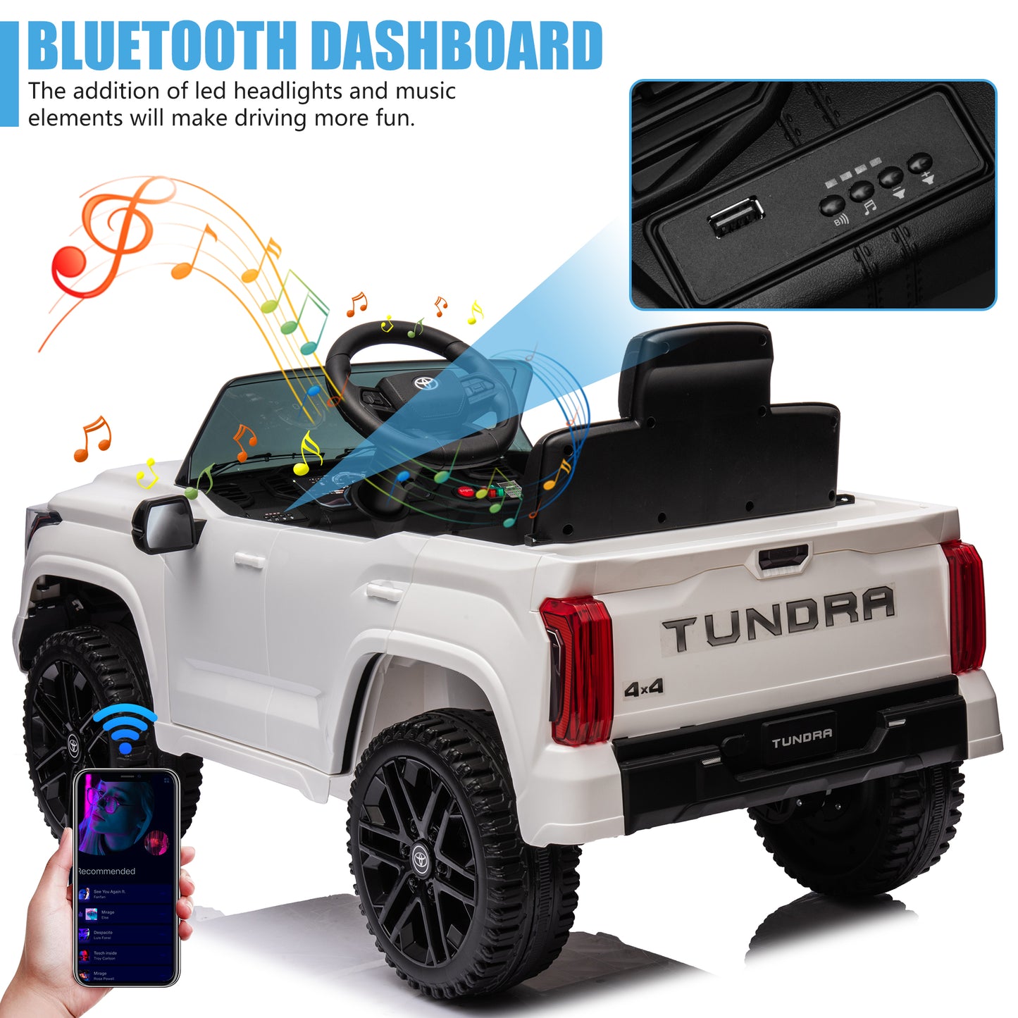 Toyota Tundra Pickup 12V 7A Ride On Cars for Kids, Ride On Toys with Remote Control, Battery Powered Kids Electric Vehicles with Bluetooth Music, USB, Electric Cars for Kids Boys Girls Gifts, White