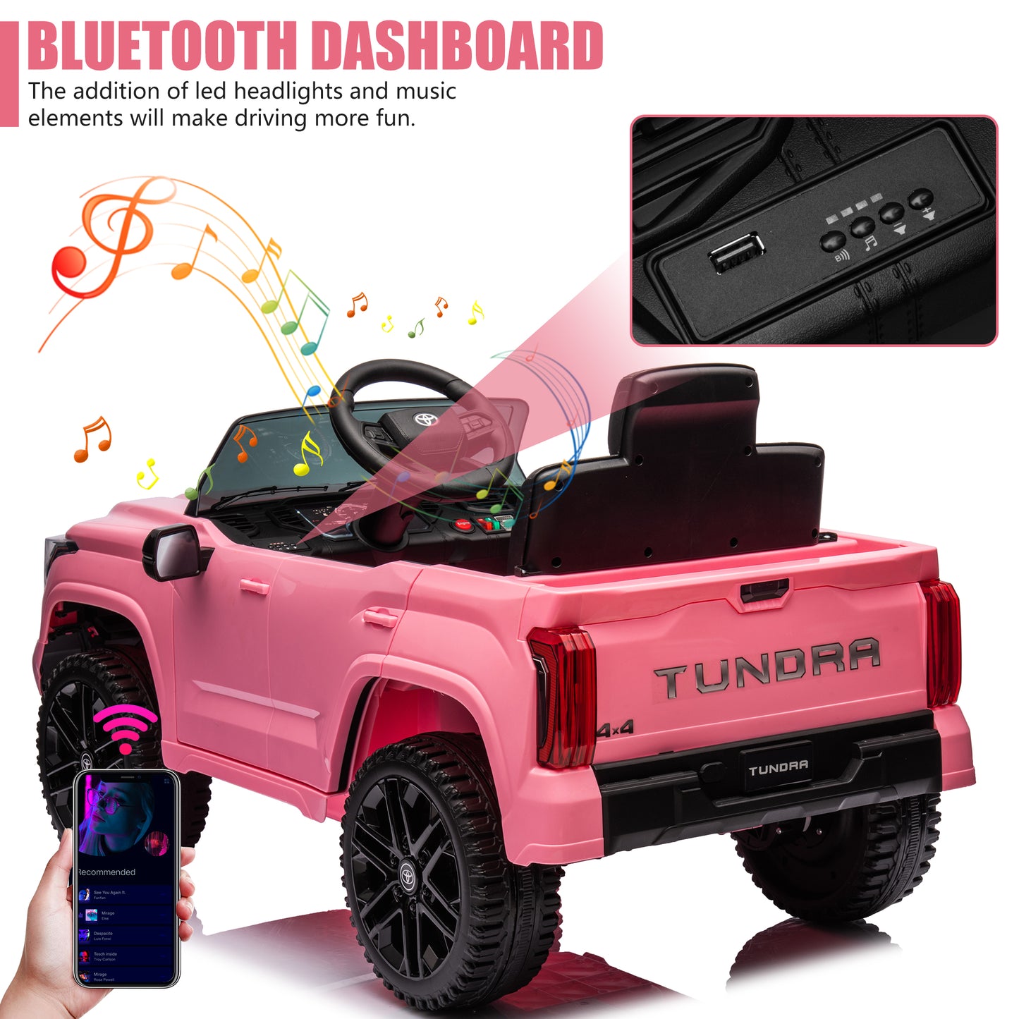 Toyota Tundra Pickup 12V 4.5A Ride On Cars for Kids, Ride On Toys with Remote Control, Battery Powered Kids Electric Vehicles with Bluetooth Music, USB, Electric Cars for Kids Boys Girls Gifts, Pink