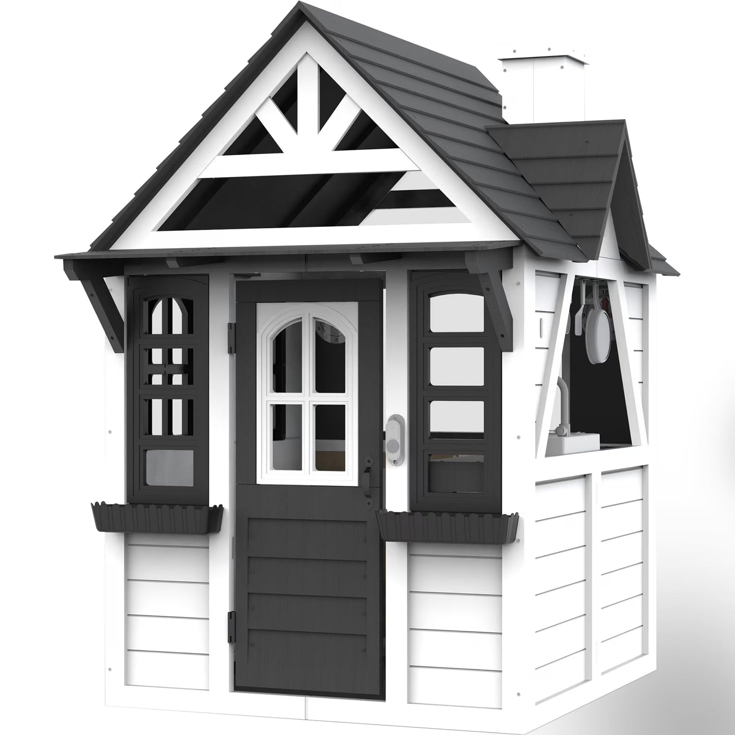 Outdoor Playhouse for Kids Ages 4-8, Wooden Play House with Front Door, Doorbell, Flower Pot Holders, Stove, Sink, Cookware, Windows, Indoor Outdoor Kids Play Equipment Gift for Boys & Girls