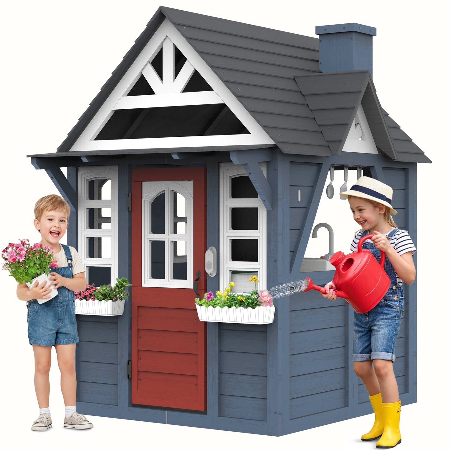 Outdoor Playhouse for Kids Ages 4-8, Wooden Play House with Front Door, Doorbell, Flower Pot Holders, Stove, Sink, Cookware, Windows, Indoor Outdoor Kids Play Equipment Gift for Boys & Girls