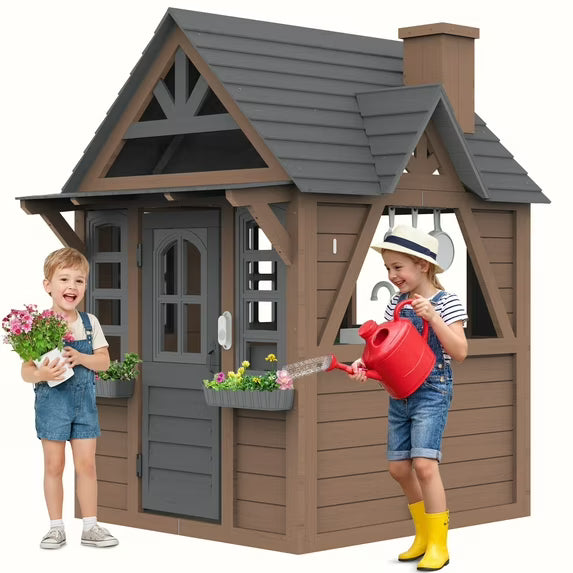 Outdoor Playhouse for Kids Ages 4-8, Wooden Play House with Front Door, Doorbell, Flower Pot Holders, Stove, Sink, Cookware, Windows, Indoor Outdoor Kids Play Equipment Gift for Boys & Girls