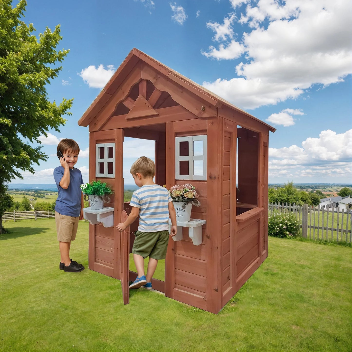 Outdoor Playhouses for Kids, Wooden Backyard Kids Playhouse Firwood Pretend Game House, Kids Playhouse Outdoor with 2 Windows, 2 Flowerpot Holder, Working Door, Workbench, Toddlers Gift for Ages 3+