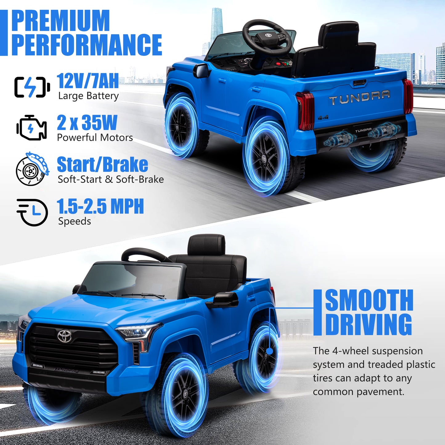 Toyota Tundra Pickup 12V 7A Ride On Cars for Kids, Ride On Toys with Remote Control, Battery Powered Kids Electric Vehicles with Bluetooth Music, USB, Electric Cars for Kids Boys Girls Gifts, Blue